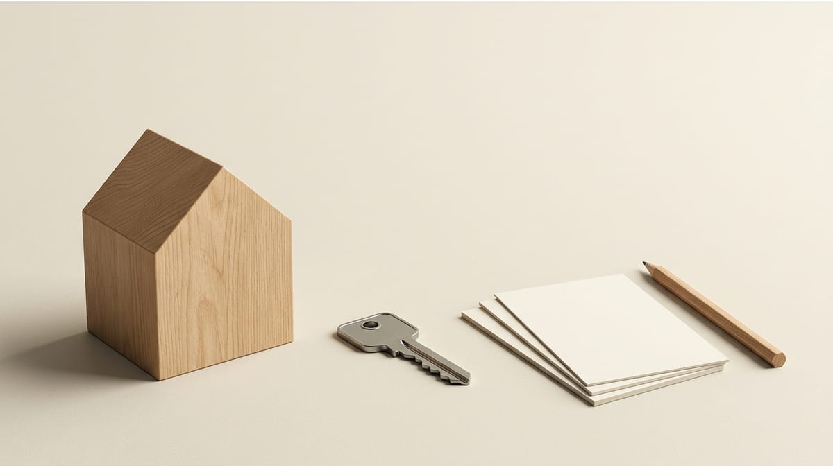 A generic house-shaped block, a key, and blank planning cards on a neutral surface.